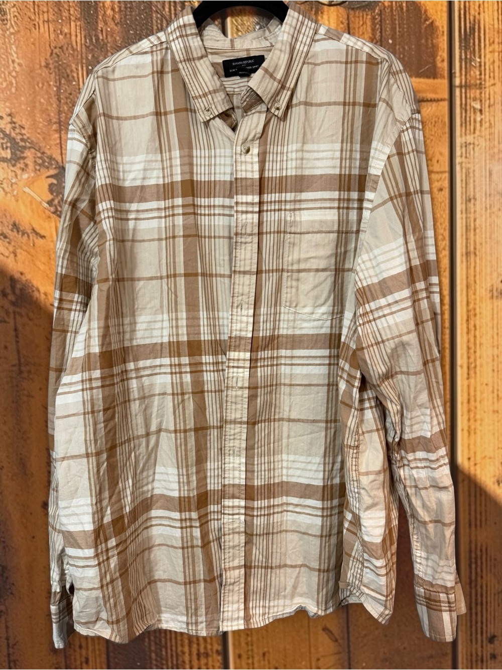 Banana Republic Slim Fit Untucked Shirt Tan Plaid 100% Cotton Men's XL